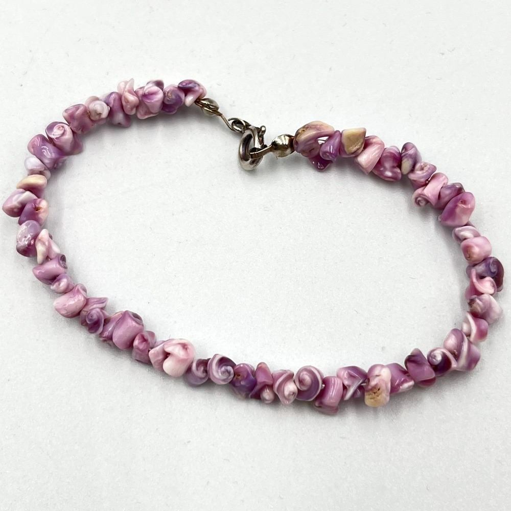 Vintage Boho Purple Lilac Natural Shell Chip Bead Anklet Bracelet Silver Tone